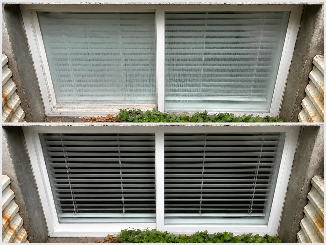 Basement window with blinds: hard water streaks before (top), clear glass after (bottom)