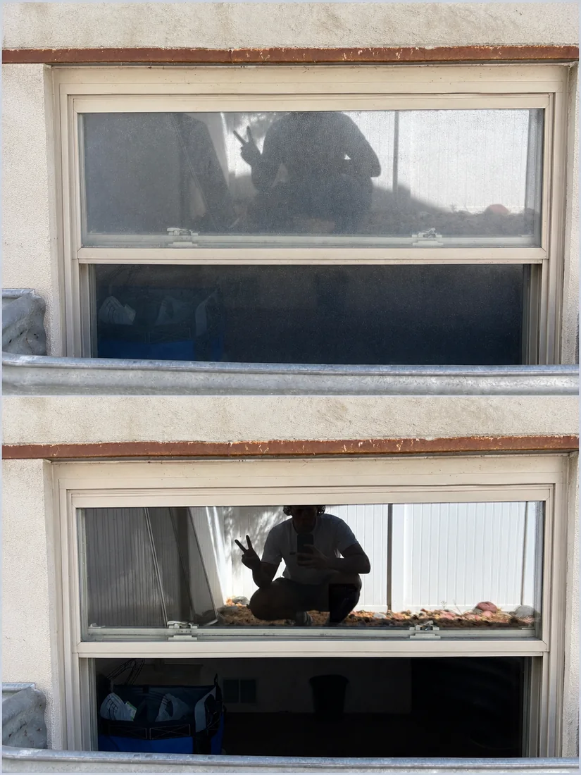 Window before (top) and after (bottom) cleaning, clear enough to show our crew member's reflection