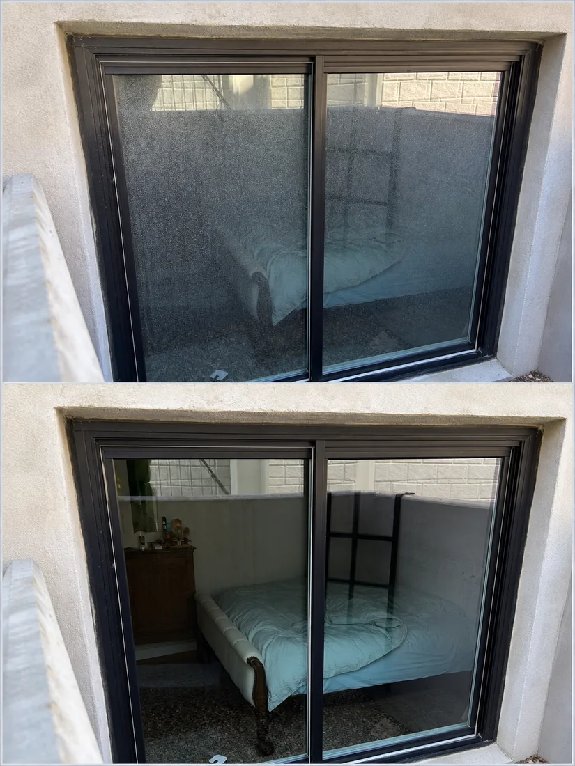 Sliding window covered in hard water spots before (top), crystal clear after (bottom)