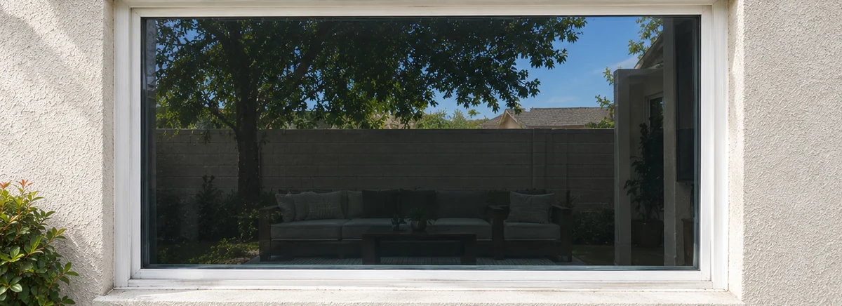The same window after cleaning, clear enough to see the backyard