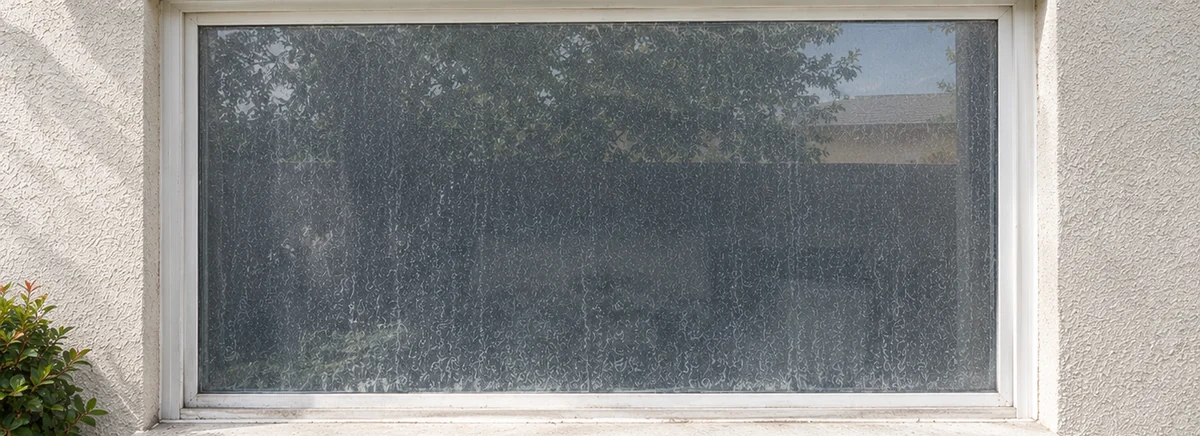 Large window covered in hard water spots, before cleaning