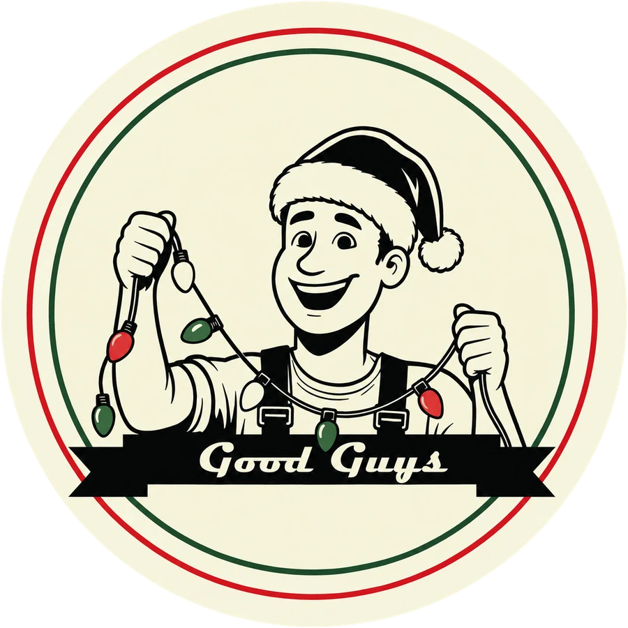 The Good Guys mascot in a Santa hat holding holiday lights