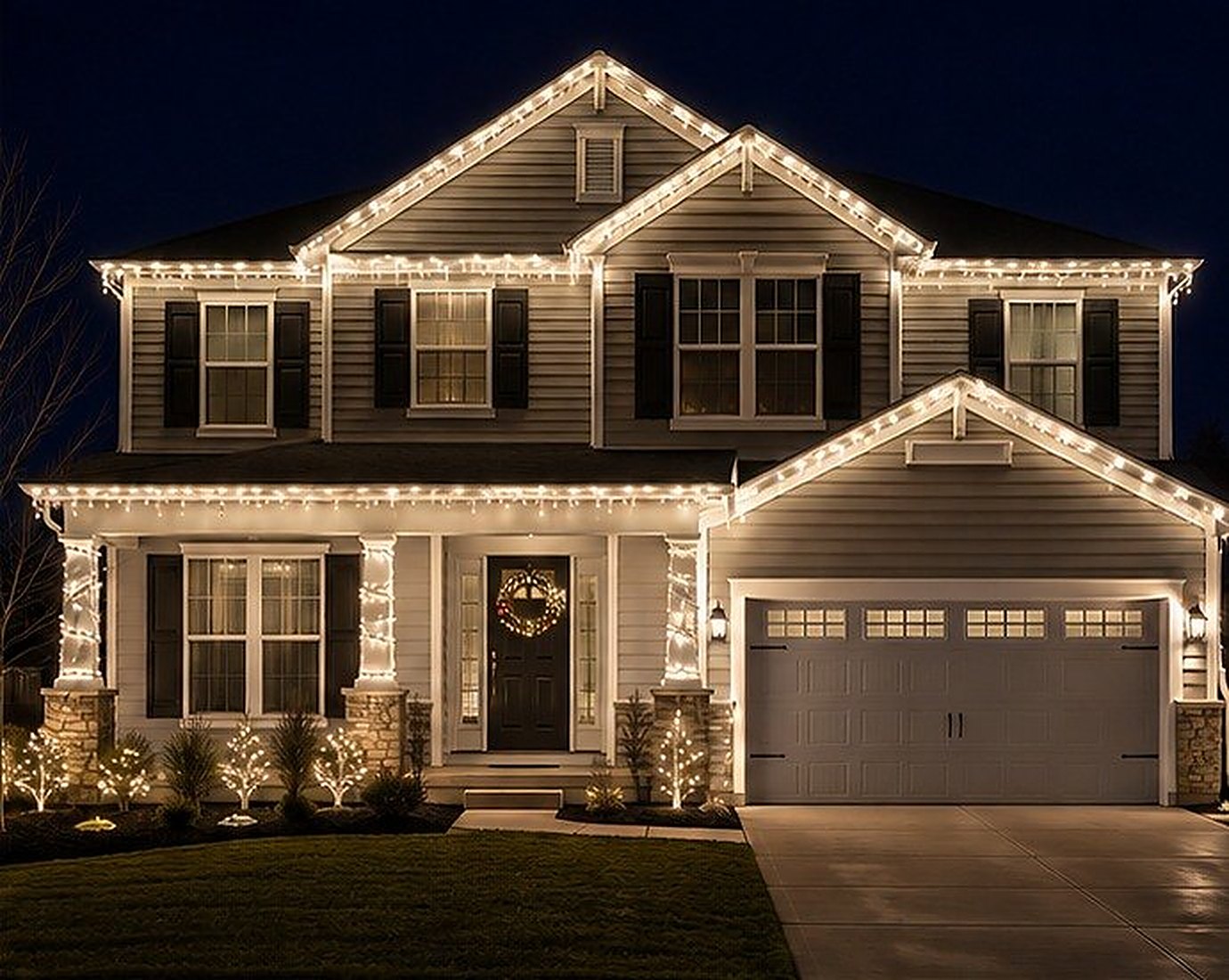 The same example home lit with warm white lights